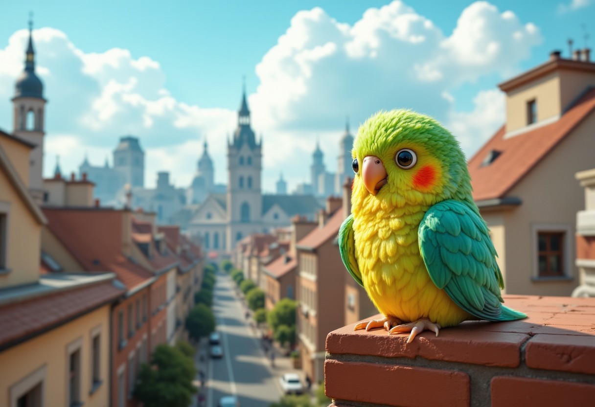 (Minecraft:1.3), cinematic photography,  cute adorable Parrot in Budgie Style, cubic, minimalistic, sitting on a rooftop