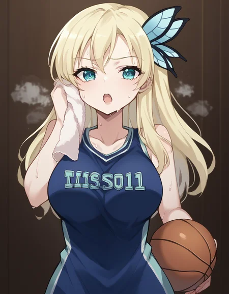 score_9, score_8_up, score_7_up, source_anime, <lora:sena-kashiwazaki-s2-ponyxl-lora-nochekaiser:1>, sena kashiwazaki, long hair, blonde hair, hair ornament, aqua eyes, butterfly hair ornament, large breasts,, <lora:basketball-uniform-ponyxl-lora-nochekaiser:1> basketball uniform, basketball jersery, sportswear, jersey, shorts, sleeveless,, audience, gym, sweat, open mouth, steam, <lora:wiping-towel-ponyxl-lora-nochekaiser:1> wiping sweat, towel, holding, sweat, holding towel, looking at viewer, open mouth,, cowboy shot,