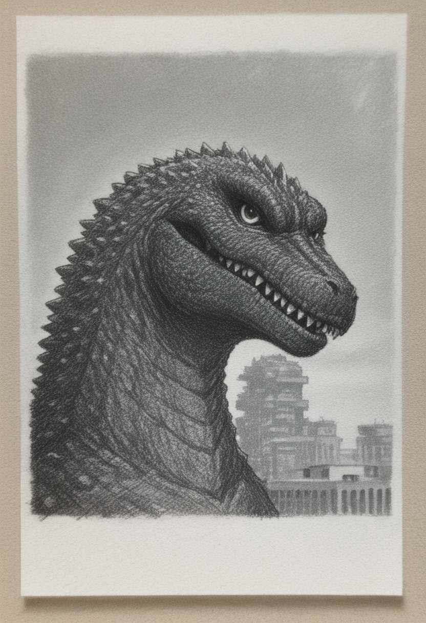 traditional media \(artwork\),monochrome,sketch,rough sketch,paper texture, 1monster, solo, giant reptillian dinosaur godzilla, sharp teeth, dorsal plates, spines, feral, realistic scales, detailed scale texture, furry male, solo, plantigrade, close up, slender, long neck, solo, extremely detailed, Macro detailed realism style, creature, scales, textured skin, sharp teeth, spikes, back spikes, Masterpiece,Sharp focus,UHD,Polaroid,High quality,Perfect,Atmospheric,64k,8k,CCTV,Telephoto,
