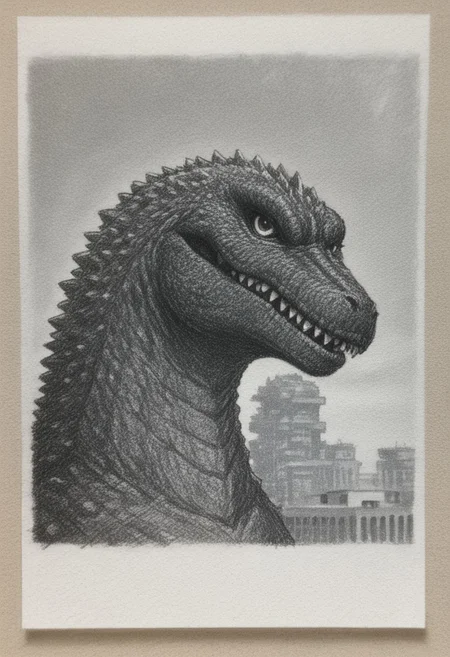 traditional media \(artwork\),monochrome,sketch,rough sketch,paper texture, 1monster, solo, giant reptillian dinosaur godzilla, sharp teeth, dorsal plates, spines, feral, realistic scales, detailed scale texture, furry male, solo, plantigrade, close up, slender, long neck, solo, extremely detailed, Macro detailed realism style, creature, scales, textured skin, sharp teeth, spikes, back spikes, Masterpiece,Sharp focus,UHD,Polaroid,High quality,Perfect,Atmospheric,64k,8k,CCTV,Telephoto,