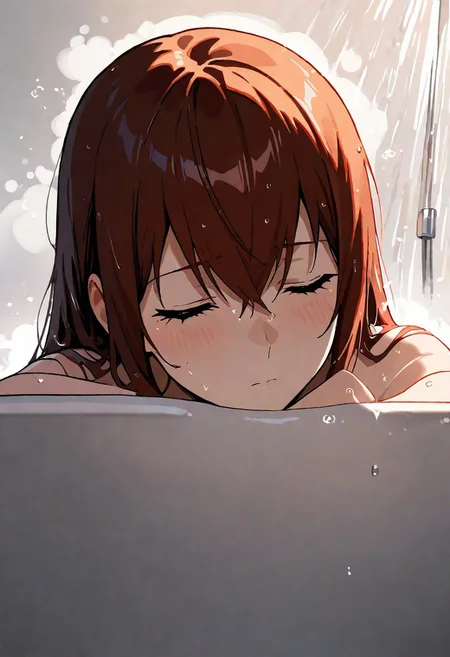masterpiece, best quality, newest, absurdres, highres, safe,
very awa, 1girl, makise kurisu, shower, eyes closed, mouth closed