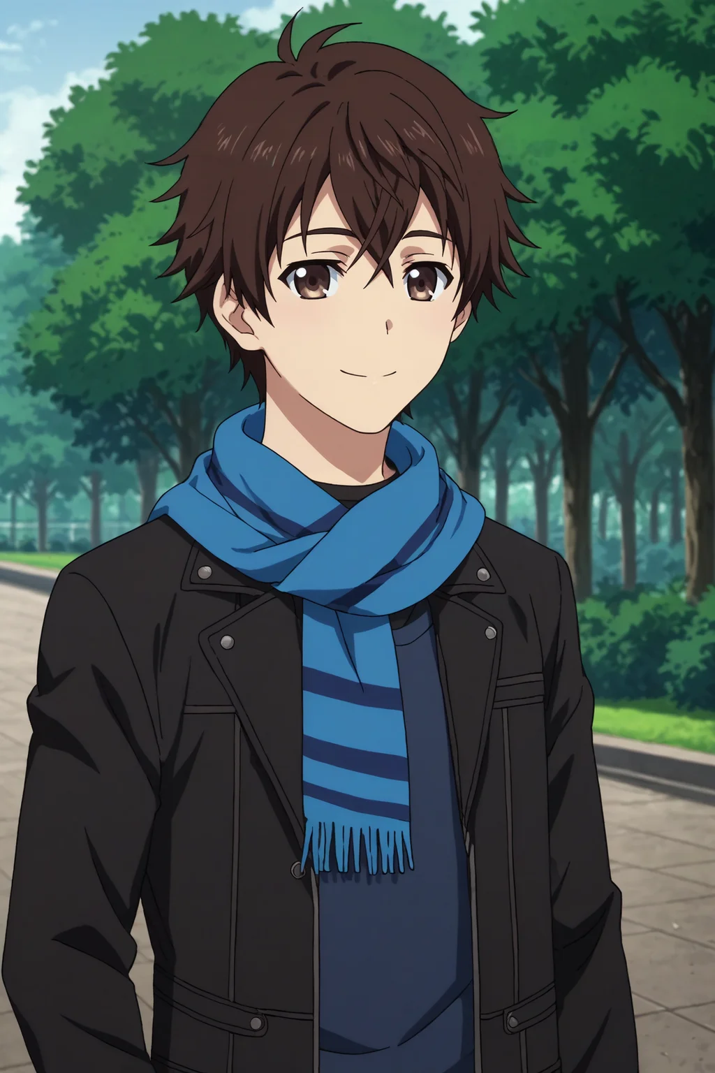 score_9, score_8_up, score_7_up,score_6_up,score_5_up,score_4_up,source_anime,BREAK, rating_safe, intricate details, , anime screencap, anime coloring, official style, depth of field,1boy, solo, male focus,<lora:Atsuhiro_Maeda:0.94>,atsuhiro maeda,brown hair,brown eyes,hair between eyes,short hair,bangs,smile, shirt, jacket, upper body, outdoors, open clothes, scarf, open jacket, black jacket, black pants,blue shirt,blue scarf, striped scarf , , , <lora:sdxl_lightning_8step_lora_315544:1>