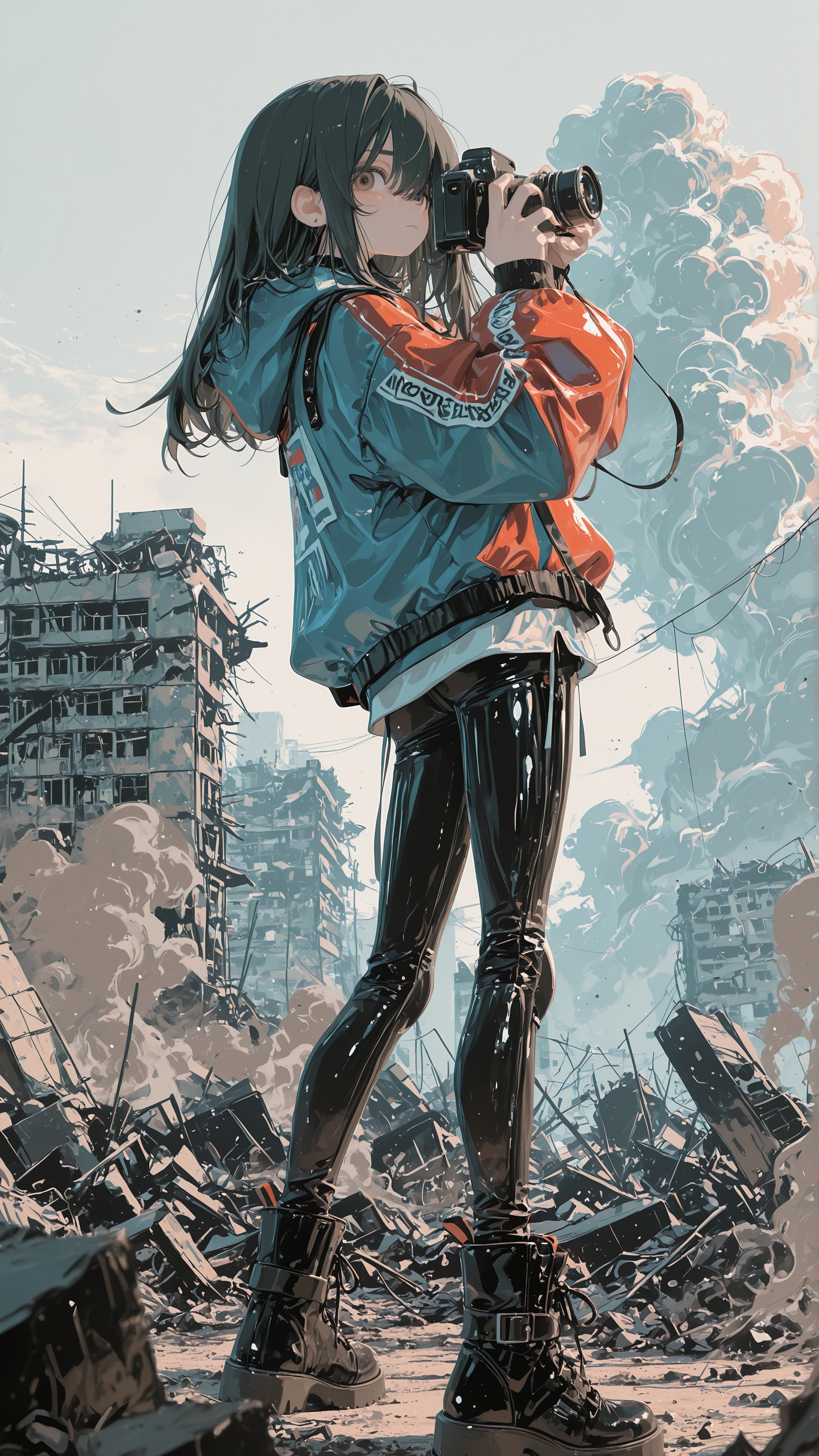 1girl, solo, full body, side view, standing, looking at viewer, young adult, windbreaker, jacket, pants, boots, long hair, black hair, holding camera, camera, holding, photography, aiming, battlefield, outdoors, ruins, destroyed building, debris, smoke, day, cloudy sky, war, medium breasts, slender, serious <lora:ppw_v7_Illuv1:0.5> <lora:DetailedEyes_V3:1> <lora:Dramatic_Lighting_Slider:1> <lora:HerrscherAGGA2025_UtopiaStyle_V1:0.4> <lora:3dvector-artstyle-000030:0.6> <lora:ATNR_V1:0.4> <lora:bmEybWVndV9f-illustriousXL_v01_V2-CAME:0.5> <lora:unitynaystyle:0.2> <lora:æ®è²wasabi_natsume_style_r1:0.5> <lora:None:1.0>