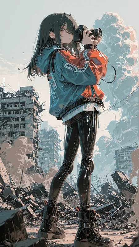 1girl, solo, full body, side view, standing, looking at viewer, young adult, windbreaker, jacket, pants, boots, long hair, black hair, holding camera, camera, holding, photography, aiming, battlefield, outdoors, ruins, destroyed building, debris, smoke, day, cloudy sky, war, medium breasts, slender, serious <lora:ppw_v7_Illuv1:0.5> <lora:DetailedEyes_V3:1> <lora:Dramatic_Lighting_Slider:1> <lora:HerrscherAGGA2025_UtopiaStyle_V1:0.4> <lora:3dvector-artstyle-000030:0.6> <lora:ATNR_V1:0.4> <lora:bmEybWVndV9f-illustriousXL_v01_V2-CAME:0.5> <lora:unitynaystyle:0.2> <lora:æ®è²wasabi_natsume_style_r1:0.5> <lora:None:1.0>