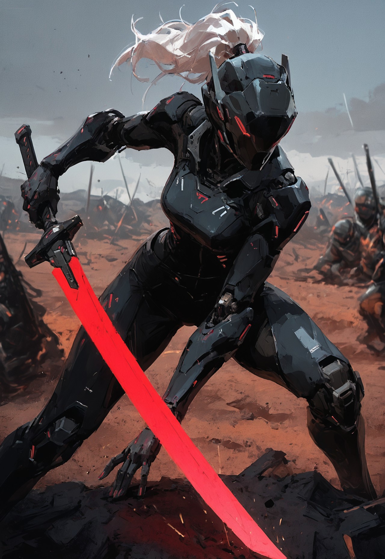 masterpiece, best quality, masterpiece, high detail, detailed linework, dynamic composition, depth of field, soft light, realistic, outdoors, battlefield, robot girl, helmet, covered face, ponytail, white hair, humanoid, armor, dark bodysuit, deep red accents, mechanical arms, science fiction, slim fit, legs, open legs, action pose, low stance, glowing, motion blur, holding sword, glowing sword, big sword, glowing weapon, foreshortening