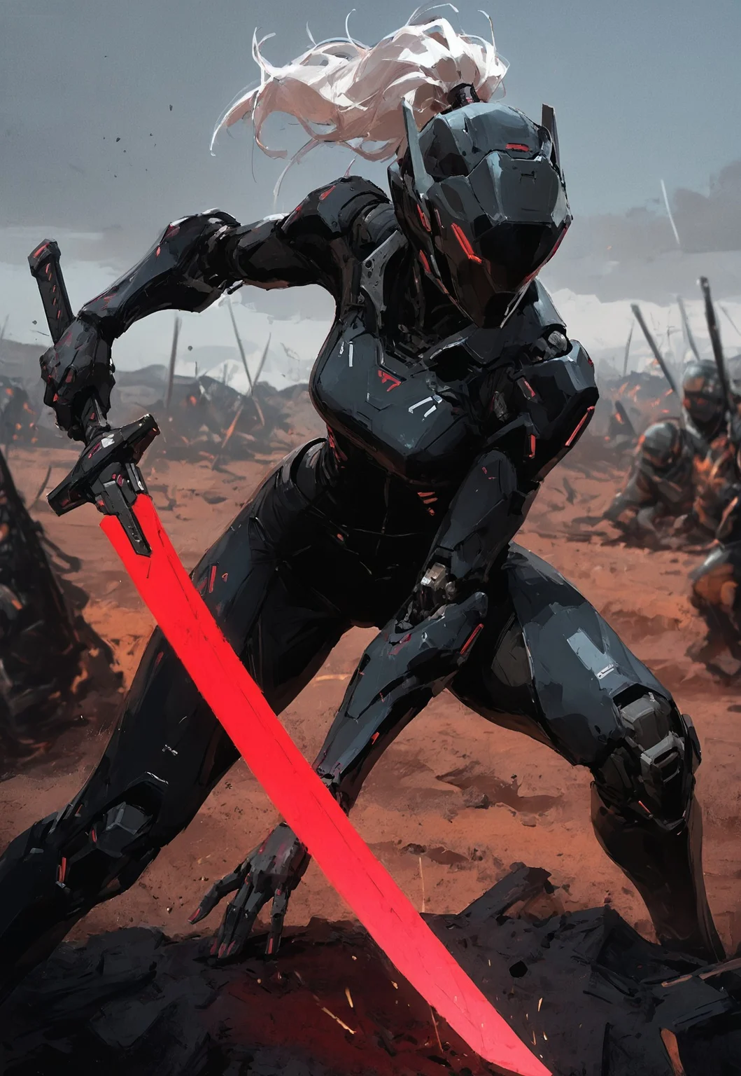 masterpiece, best quality, masterpiece, high detail, detailed linework, dynamic composition, depth of field, soft light, realistic, outdoors, battlefield, robot girl, helmet, covered face, ponytail, white hair, humanoid, armor, dark bodysuit, deep red accents, mechanical arms, science fiction, slim fit, legs, open legs, action pose, low stance, glowing, motion blur, holding sword, glowing sword, big sword, glowing weapon, foreshortening