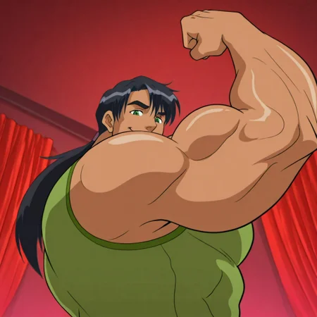 masterpiece, best quality, absurdres, newest, perfect quality, detailed background, intricate details, anime, side smile, flexing, muscles, musk, 1boy (((human))), male, 20 years old, (((Raymond, Green Eyes, black hair with gray streaks, dark tan skin))), ponytail, dynamic view, from below, green tank top, licking a protein bar, stack of protein bars, stage with red curtains background, solo,
Hyper muscles, small waist