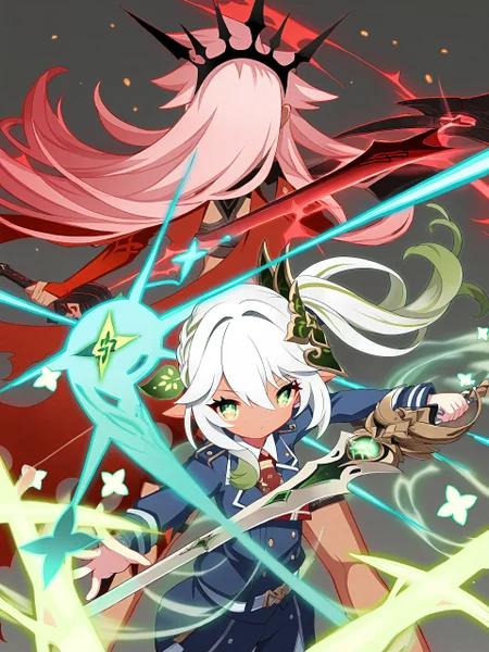 <lora:zzz3d_vpred:0.8>,
eguchi saan, <lora:eguchi_saan_Style_for_illustriousXL:0.8>,
Nahida（Genshin Impact），chloe von einzbern(fate）{{split theme}}, {{{{{symmetry}}}}},Two girls, shooting bows and arrows,back-to-back, film angle,  cowboy shot, looking at viewer, red hair, white hair, uniform, pose, {{holding sword}}, fighting stance, grey background, strong visual impact, blue, red, energy, light particle, strong air flow, floating hair, close up, best quality, amazing quality, very aesthetic, absurdres,