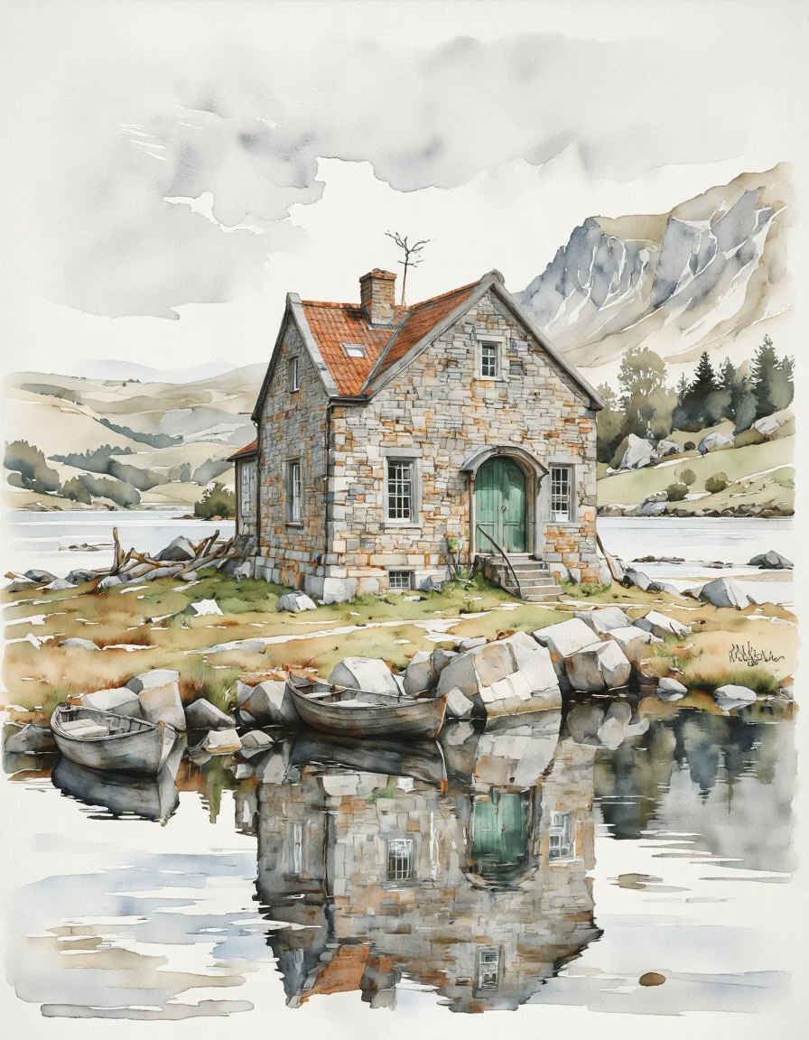 Inkquaria. A watercolor painting of a serene scene featuring a stone cottage with a green door and a red tiled roof situated on the shore of a calm lake, surrounded by rolling hills and a distant mountain range. the cottage has several windows and a small wooden door, and there are two small wooden boats moored beside it. the lake is still and calm, reflecting the surrounding landscape, with rocks and trees scattered along the shore. the sky is overcast, and the overall atmosphere is peaceful and idyllic. in the bottom left corner of the image, a signature is visible, adding a personal touch to the artwork.