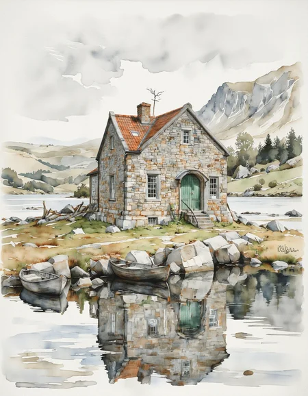 Inkquaria. A watercolor painting of a serene scene featuring a stone cottage with a green door and a red tiled roof situated on the shore of a calm lake, surrounded by rolling hills and a distant mountain range. the cottage has several windows and a small wooden door, and there are two small wooden boats moored beside it. the lake is still and calm, reflecting the surrounding landscape, with rocks and trees scattered along the shore. the sky is overcast, and the overall atmosphere is peaceful and idyllic. in the bottom left corner of the image, a signature is visible, adding a personal touch to the artwork.