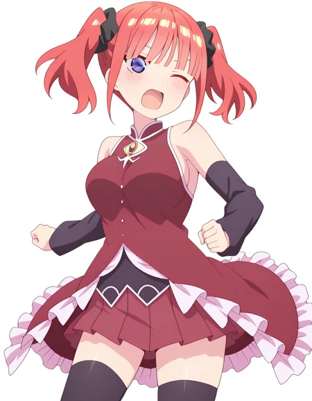 masterpiece, best quality, amazing quality,, <lora:nino-nakano-honeymoon-illustriousxl-lora-nochekaiser:1>, nino nakano, bangs, blue eyes, hair ornament, twintails, pink hair, blunt bangs, medium hair, scrunchie, eyebrows hidden by hair, black scrunchie, mature female, breasts, anime screencap, <lora:sakura-kyoko-cosplay-illustriousxl-lora-nochekaiser:1>, sakura kyoko cosplay, sakura kyoko (cosplay), black thighhighs, cosplay, detached sleeves, dress, frilled dress, frills, long sleeves, magical girl, miniskirt, pleated skirt, red dress, red skirt, sideboob, skirt, skirt under dress, sleeveless, sleeveless dress, thighhighs, zettai ryouiki,, <lora:dynamic-pose-illustriousxl-lora-nochekaiser:1>, dynamic pose, kicking, cowboy shot, wince, open mouth, <lora:transparent-background-illustriousxl-lora-nochekaiser:1>, transparent background, simple background, white background, ,