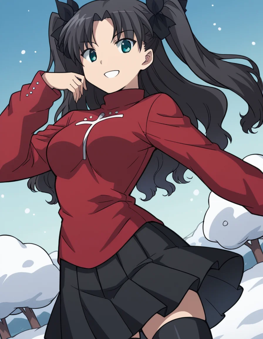 score_9, score_8_up, score_7_up, source_anime, <lora:carnivalphantasm-rin-tohsaka-ova-ponyxl-lora-nochekaiser:1>, rin tohsaka, aqua eyes, black hair, hair ribbon, long hair, ribbon, sidelocks, two side up, parted bangs, medium breasts,, black skirt, black thighhighs, long sleeves, miniskirt, pleated skirt, red sweater, skirt, sweater, thighhighs, turtleneck,, snow day, winter clothes, snowball fight, laughter, cold breath, white landscape, , looking at viewer, smile, solo,, dutch angle, cowboy shot