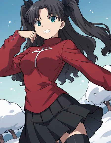 score_9, score_8_up, score_7_up, source_anime, <lora:carnivalphantasm-rin-tohsaka-ova-ponyxl-lora-nochekaiser:1>, rin tohsaka, aqua eyes, black hair, hair ribbon, long hair, ribbon, sidelocks, two side up, parted bangs, medium breasts,, black skirt, black thighhighs, long sleeves, miniskirt, pleated skirt, red sweater, skirt, sweater, thighhighs, turtleneck,, snow day, winter clothes, snowball fight, laughter, cold breath, white landscape, , looking at viewer, smile, solo,, dutch angle, cowboy shot