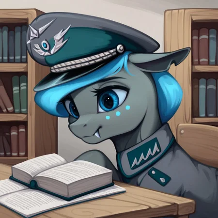 masterpiece, score_9_up, score_8_up, score_7_up, score_6_up, (best quality:1.1), ultra-detailed, high resolution, solo, Carolina Phymata, changeling oc, female, mlp, feral, gray skin, short blue mane, ((beautiful detailed blue eyes)), long eyelashes, eyebrows, blue freckles, blue single horn, smile, (fang, fang out), ears, military uniform, military patches, peaked cap BREAK black indoors, forest home, wooden table, sitting, leaning on table, bookshelf, chair, books, inkwell, three quarter view, looking down, detailed facial features, expressiveh, highly visible, sharp focus, anatomically correct, detailed background
