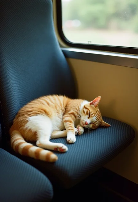 Japanese Culture Style, Emotional Photos, 35mm film, soft focus, Japanese cat sleeping on a train seat, Warm atmosphere