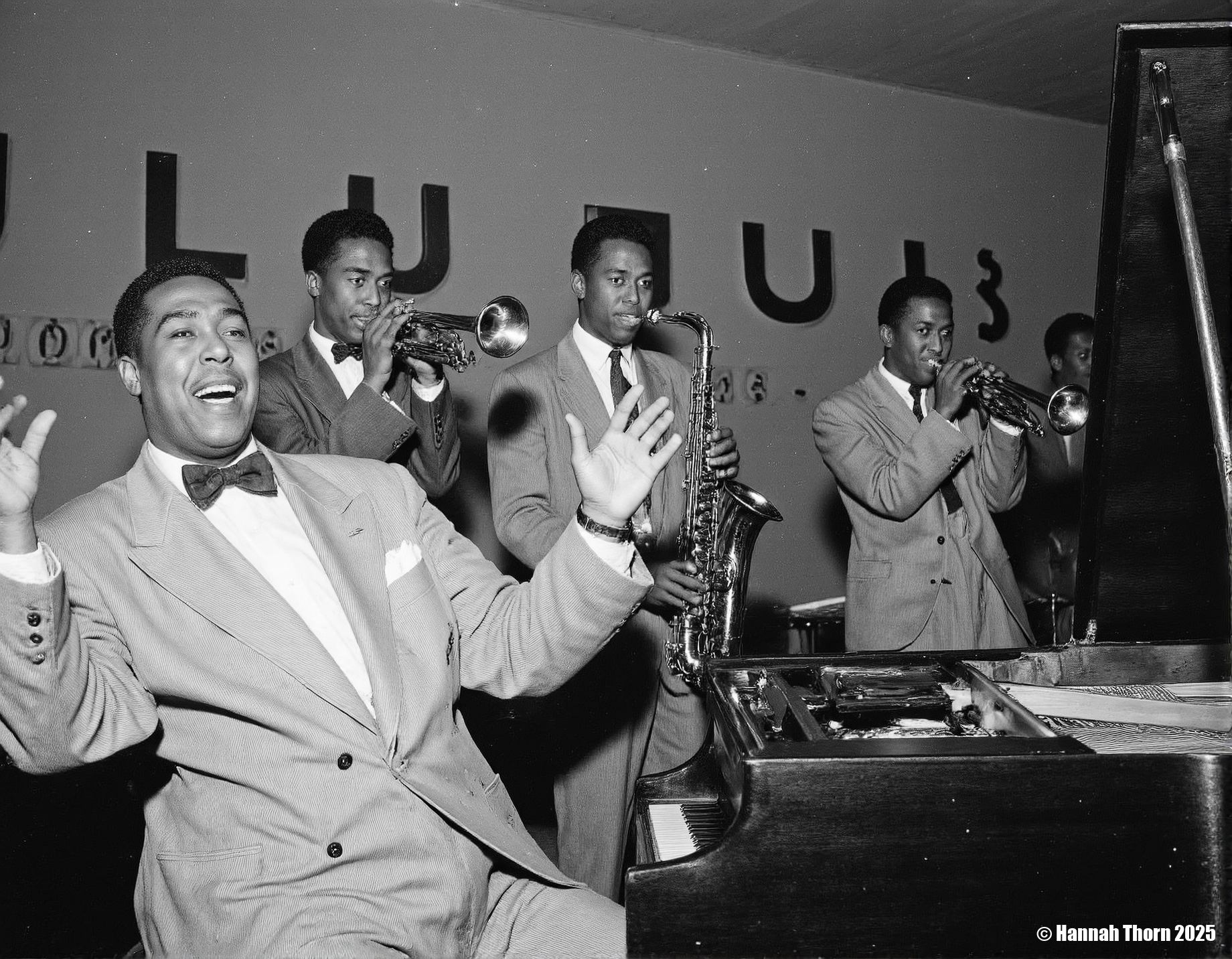 The picture is a black and white photograph of a jazz band performing on a stage.  The image is sharply focused, capturing the energy and emotion of the musicians.  The style is reminiscent of classic mid-20th century jazz photography, likely taken sometime between the 1940s and 1960s.  The band is composed of at least five musicians:  * A pianist is prominently featured in the foreground, seated at a grand piano, his mouth open in joyous expression, his hands raised as if in the midst of a lively performance. He's wearing a formal jacket with a bow tie.  * To the left, a trumpeter stands, playing his instrument with concentration.  * To the right of the pianist, a saxophonist plays a tenor saxophone. He's dressed in a suit and bow tie, maintaining a focused expression.  * Slightly behind and to the right of the saxophonist, a trombonist is playing.  * At the far right, a double bassist is seen playing his instrument, contributing to the rich texture of the music.  Above the band, a sign reading "CLUB OASIS" is visible, indicating the venue where the photograph was taken.  The background is dimly lit, drawing focus to the musicians. The lighting is characteristic of performance photography of that era, creating subtle shadows and highlights that enhance the mood and texture of the scene.  The overall style is candid yet formal, capturing both the excitement of a live performance and the refined elegance of the musicians' attire. The monochrome palette adds a timeless quality, contributing to the image's nostalgic feel. The slightly grainy texture is also consistent with the photographic techniques of the time. <lora:_Flux\Vintage_Jazz-Club.safetensors:1.0:1.0>