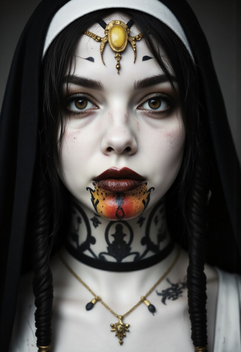 A hyper-detailed Natural Closeup Portrait in black and white, depicting a praying vintage nun. She wears a deep black hood that casts a shadow over her eyes, adding to her mysterious and menacing aura. A wicked menacing grin stretches across her face. Her forehead, chin and neck is adorned with a striking Colorful colored Red,yellow,white snake chin-tattoo, standing out against the monochrome tones. The sketch is highly detailed, with intricate linework emphasizing the folds of her nuns habit. The atmosphere is dark and gritty, exuding pure badass energy.