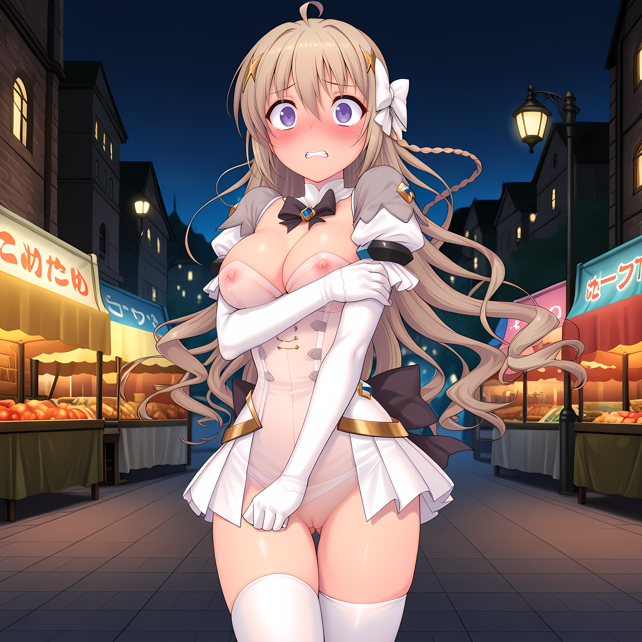 <lora:Tierna:0.9>,tierna,solo,long hair,breasts,purple eyes,large breasts,blush,brown hair,braid,hair bow,base outfit,gloves,thighhighs,see-through,nipples,pussy,uncensored,city,market stall,lamppost,embarrassed,covering privates,blush,wide-eyed,clenched teeth,, masterpiece,best quality,amazing quality, very aesthetic, absurdres,detailed eyes,ultra-detailed,