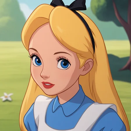 score_8_up, BREAK, Alice, 1girl, solo, blonde hair, long hair, blue eyes, headband, ribbon bow, blue dress, short sleeves, <lora:AliceInWonderland_PXL_Leaf1:0.8>, looking at viewer, outdoors, portrait,