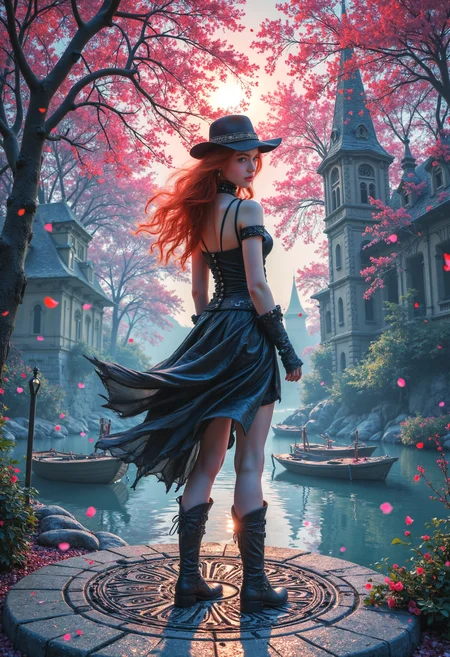 stylistic and artistic closeup photo of a 20 year old assasin maid standing on a manhole cover in an idyllic sun lit fantasy world. Her back is arched from concentration. She is dressed in intricate leather dress with bare thighs with long boots. She is redhead and with a hat and has a dreamy face, perfect nose. background: old creamy houses, old fancy boat, sprawling blue trees; black sky, pink sun, rose pellets falling down. <lora:FLUX\Midjourney_Whisper_midjourney_whisper_flux_lora_v01:0.8>