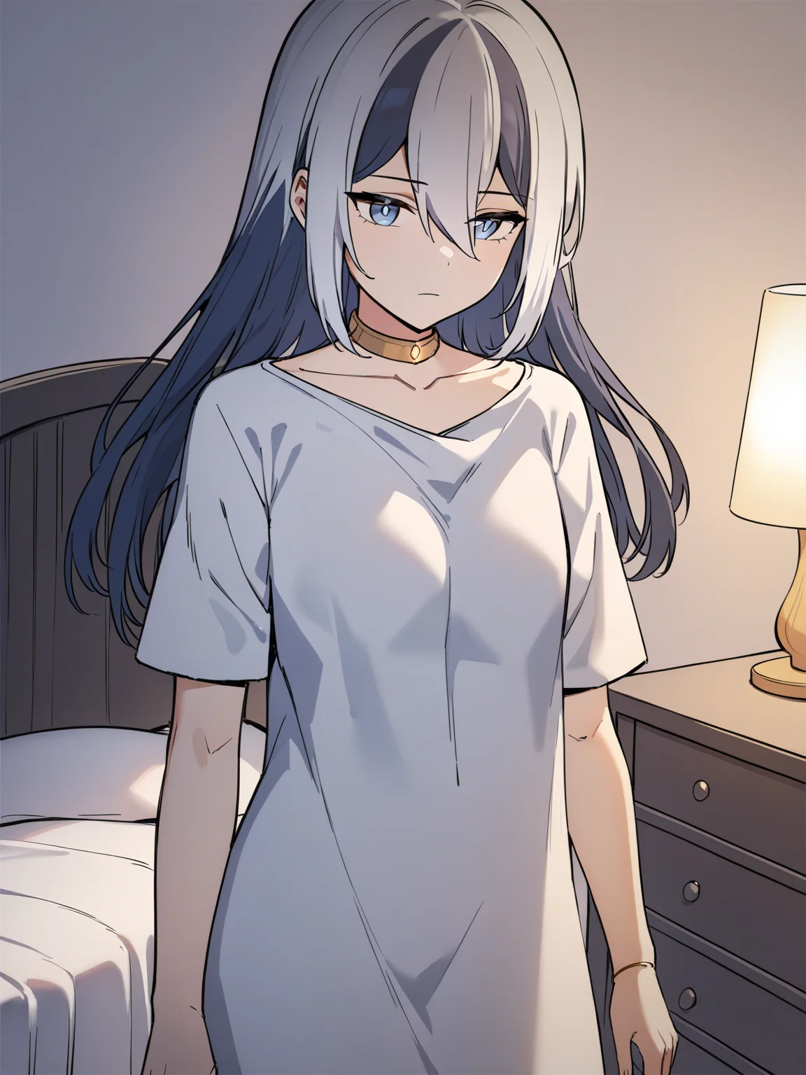 masterpiece,best quality,bedroom,standing, cowboy shot,
<lora:kong_xl:0.85>,thrud kong, 1girl, solo, kong2, manga kong, long hair, blue eyes, multicolored hair, dress, blue hair, hair between eyes, short sleeves, shirt, collarbone, bangs, neck ring, expressionless,