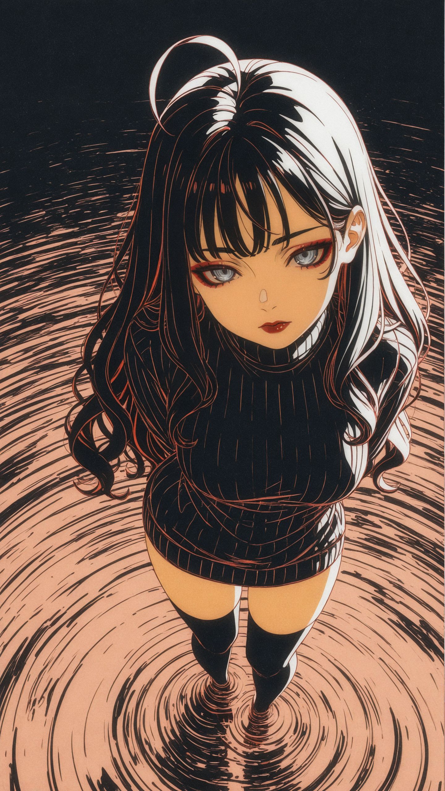 1girl, ((lineart, color trace)), <lora:add-detail-xl:1>,
masterpiece,best quality, incredibly absurdes,
long hair, black hair, wavy hair, choppy bangs, black eyebrows, detailed eyes, grey eyes, dark red eyeshadow, fading eyeshadow, dark red lips, closed moouth, hair behind ear, ahoge, turtleneck sweater, black sweater, long sweater, bare thighs, black thighhighs,
standing in shallow water, hands behind back, water ripples around her feet, reflective water, subtle reflections, moody lighting, deep shadows, cinematic composition, dark fantasy aesthetic, dramatic,
from above, looking at viewer, high-angle perspective,