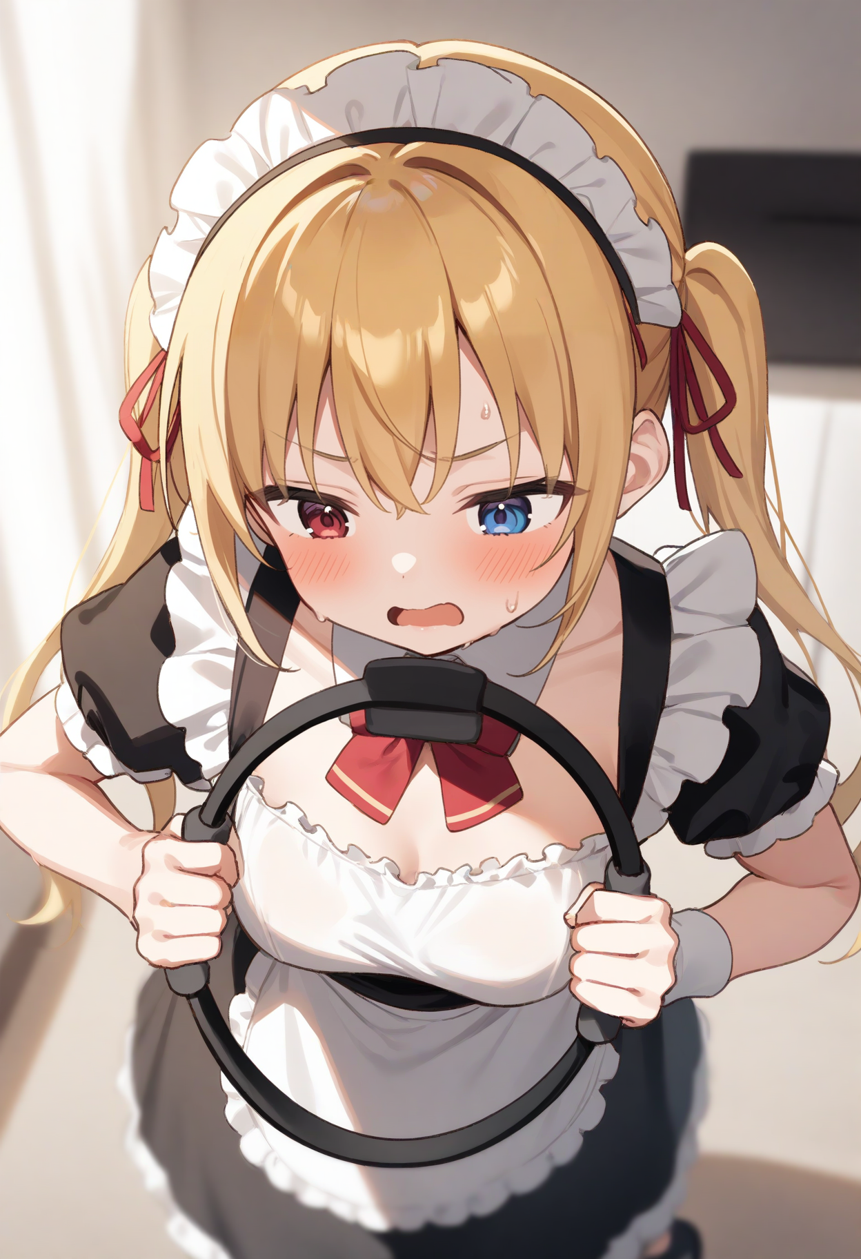 1girl,sincos, ningen mame, toosaka asagi,solo,medium breasts,20yo,maid,maid headdress,
ring fit adventure, air cannon, ring-con, sweat, leaning forward, standing, holding,
<lora:ringfitadventure_XL_v1:0.8>
from above, portrait, looking down, blonde hair, heterochromia,troubled eyebrows, open mouth, quad tails hair,,
best quality, very aesthetic, absurdres