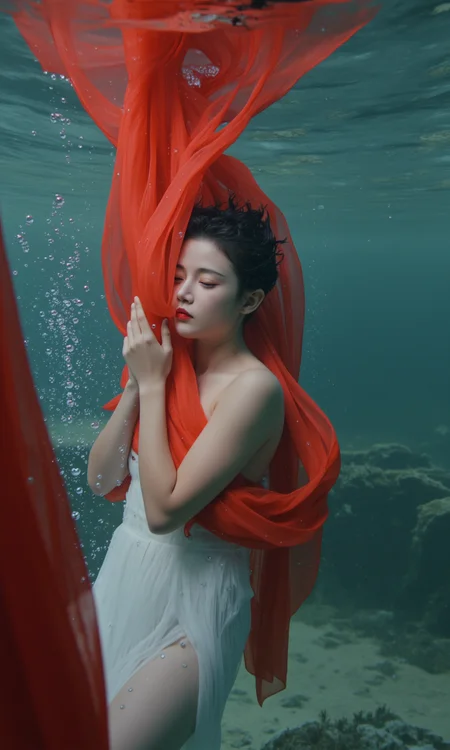 undrwtr, floating hanfu, underwater haut couture photography, Off-center composition, wide-angle with subject facing away, The image is an underwater portrait of a young woman with her eyes closed, submerged in the water. She appears to be in a peaceful and serene state, with her head resting on a large piece of red fabric that is partially submerged in water. The fabric is flowing around her, creating a sense of movement and energy. The water is a deep blue-green color, and there are small bubbles visible around her. The woman's body is covered in a layer of white fabric, and her hair is wet and messy. The overall mood of the image is serene and contemplative., dark and dim light, cinematic photo art nouveau style landscape art by John Henry Twachtman, fantasy art by Andreas Rocha, vibrant, fantasy landscapes, epic scale, surreal, atmospheric, detailed environments, Impressionist, landscapes, atmospheric effects . elegant, decorative, curvilinear forms, nature-inspired, ornate, detailed . 35mm photograph, film, bokeh, professional, 4k, highly detailed