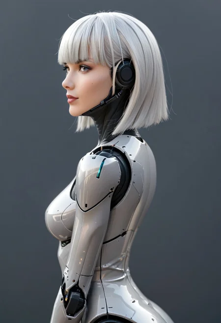 A 35mm photo of a beautiful robotic woman, she has a faceless robotic head, robot, silver hair, silver mesh bodysuit, robotic joints