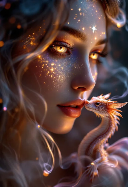 Create a mesmerizing close-up of a mythical creature with enchanting female features, focusing on her face and a small dragon perched on her shoulder. Her face is the epitome of otherworldly beauty, glowing with a soft, radiant light that illuminates the surrounding darkness. Her expression is serene yet powerful, with eyes that convey ancient wisdom and magic. Her flawless skin shimmers faintly, as if touched by stardust, and her flowing hair frames her face, gently swaying as if suspended in a dreamlike state.
Perched on her shoulder, a small dragon is also in sharp focus, its delicate scales reflecting hues of purple and orange, perfectly complementing the swirling smoke that her wings stir in the background. The dragon's wings are slightly spread, with tiny tendrils of smoke rising from them, adding to the mystical atmosphere. Its bright, intelligent eyes meet hers, suggesting a deep connection between them. The intricate details of both the creature’s face and the dragon are meticulously crafted, highlighting their bond. The dark, shadowy background emphasizes the glowing, radiant beauty of the mythical pair.