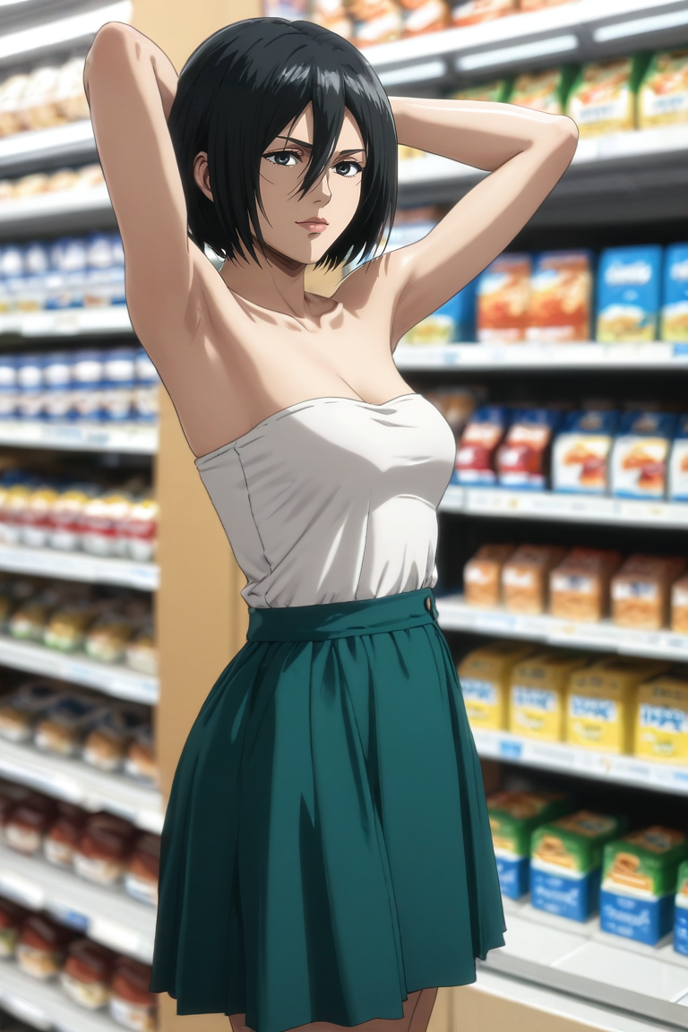score_9, score_8_up, score_7_up, source_anime, rating_safe, intricate details, (3d:0.4), , depth of field, 1girl, solo, <lora:mikasa_ackerman_pony:0.96>, mikasa_ackerman, black hair, black eyes, s2, hair between eyes, short hair, lips, from side, store, convenience store, indoors, light, arms behind head, naughty smile, strapless, turquoise skirt, tiara, <lora:sdxl_lightning_8step_lora:1>