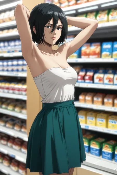 score_9, score_8_up, score_7_up, source_anime, rating_safe, intricate details, (3d:0.4), , depth of field, 1girl, solo, <lora:mikasa_ackerman_pony:0.96>, mikasa_ackerman, black hair, black eyes, s2, hair between eyes, short hair, lips, from side, store, convenience store, indoors, light, arms behind head, naughty smile, strapless, turquoise skirt, tiara, <lora:sdxl_lightning_8step_lora:1>