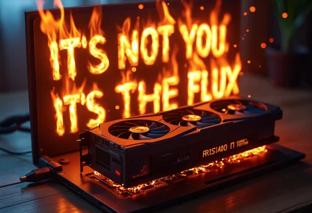 A computer with an Nvidia RTX 4090 video card on fire. The fire creates the following phrase "IT'S NOT YOU, IT'S THE FLUX, IT'S FINE, CIVITAI HAS RTX POWER!"