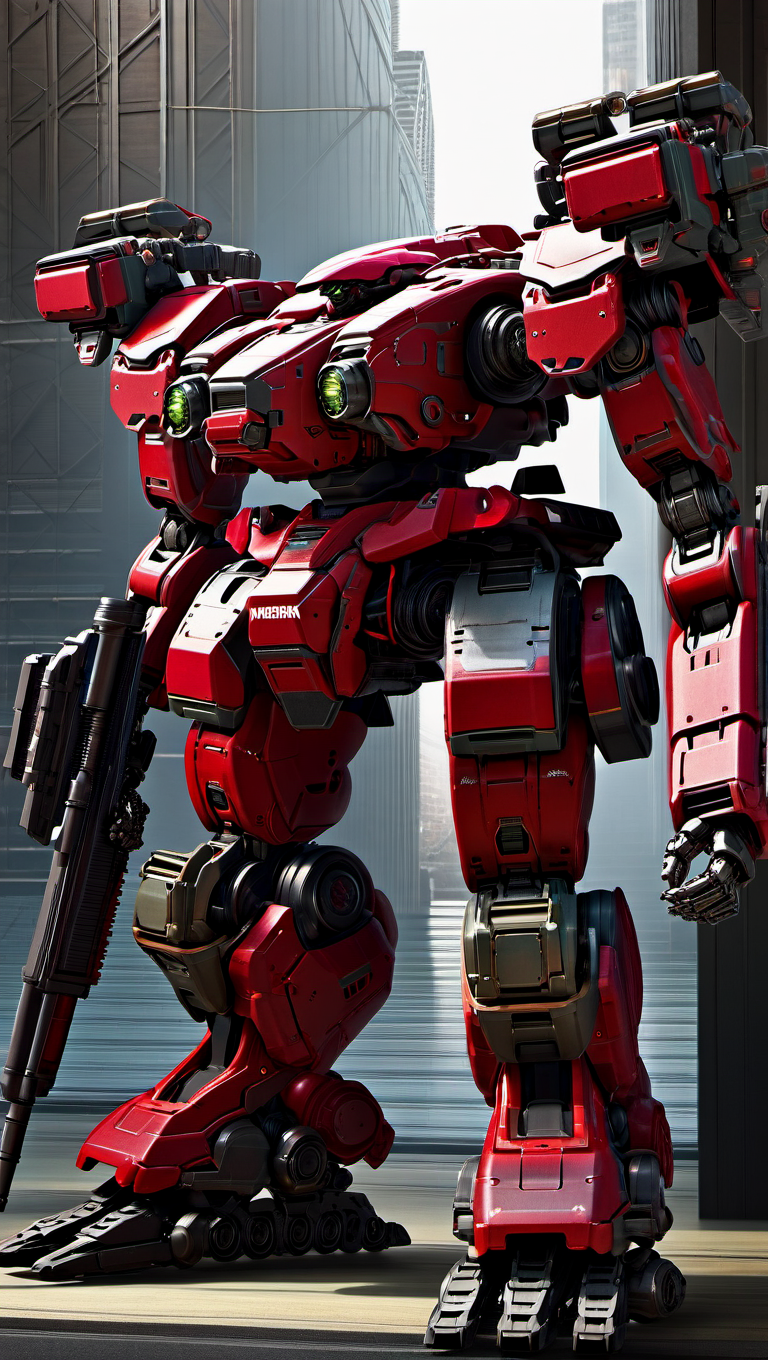 a heavy mech, (MRS:0.8),( hawken:1.5), best quality, masterpiece, ultra-detailed, mecha robot,(heroic detailed armor:1.5), (ultra-detailed mecha armor), full armor, (large size robot:1.5), glowing eyes, (full body:1.2), clenched hand, mechanical parts, robot joints, (battle-ready:1.2),(powerful stance:1.3),(Detailed eye description:1.2),(huge mechanical weapon:1.2), (detailed weapon description:1.2), <lora:srdxl_v2k:0.4>