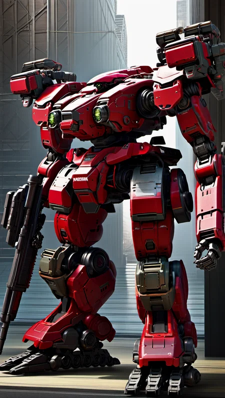 a heavy mech, (MRS:0.8),( hawken:1.5), best quality, masterpiece, ultra-detailed, mecha robot,(heroic detailed armor:1.5), (ultra-detailed mecha armor), full armor, (large size robot:1.5), glowing eyes, (full body:1.2), clenched hand, mechanical parts, robot joints, (battle-ready:1.2),(powerful stance:1.3),(Detailed eye description:1.2),(huge mechanical weapon:1.2), (detailed weapon description:1.2), <lora:srdxl_v2k:0.4>