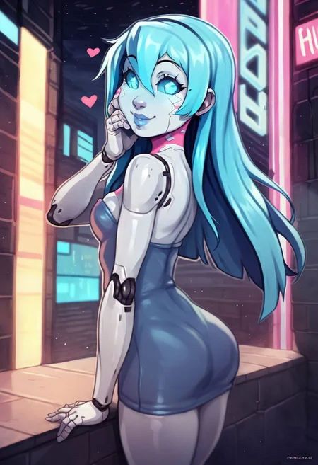 score_9, score_8_up, score_7_up, a cute girl smiling, viewed from behind, ;P, robot girl, android girl, (glowing blue eyes, solid blue eyes, glowing eyes, solid blue sclera, cyan), (blue hair, cyan), robot joints, ((grey artificial metal skin), cyberware lines, cyberware lines on face, robot skin lines on cheeks), in a cyberpunk city, cyberpunk, neon lights, [[drawn by owler, drawn by cyancapsule, ]:0.6]  ((wearing a cute futuristic short strapless dress))