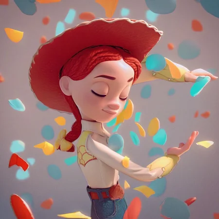 score_9, score_8_up, score_7_up, score_6_up, score_5_up, score_4_up, 1girl, Jes_sie, hat, red hair, plastic skin, dancing