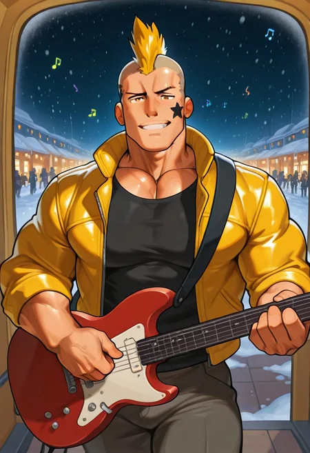 mbtiesfp, 1boy, blonde, short hair, black star on face,, yellow jacket, black shirt, looking at viewer, smirk, grin, happy, brawlStars, in the amusement park, pants, portrait, half body, upper body, amber eyes, shaved mohawk, source_cartoon, vector art, 2d, bara, manly, muscular, 3/4 view, night sky, aurora in the sky, snow, playing guitar, {{holding red electric guitar}}, in the concert, ((floating colorful muscial notes:1.5)), snowstorm, left view, Pec focus, left view, warm lighting, with people walking background, Ru1ss, w0lfc0nf, {{colorful glowing musical notes}}