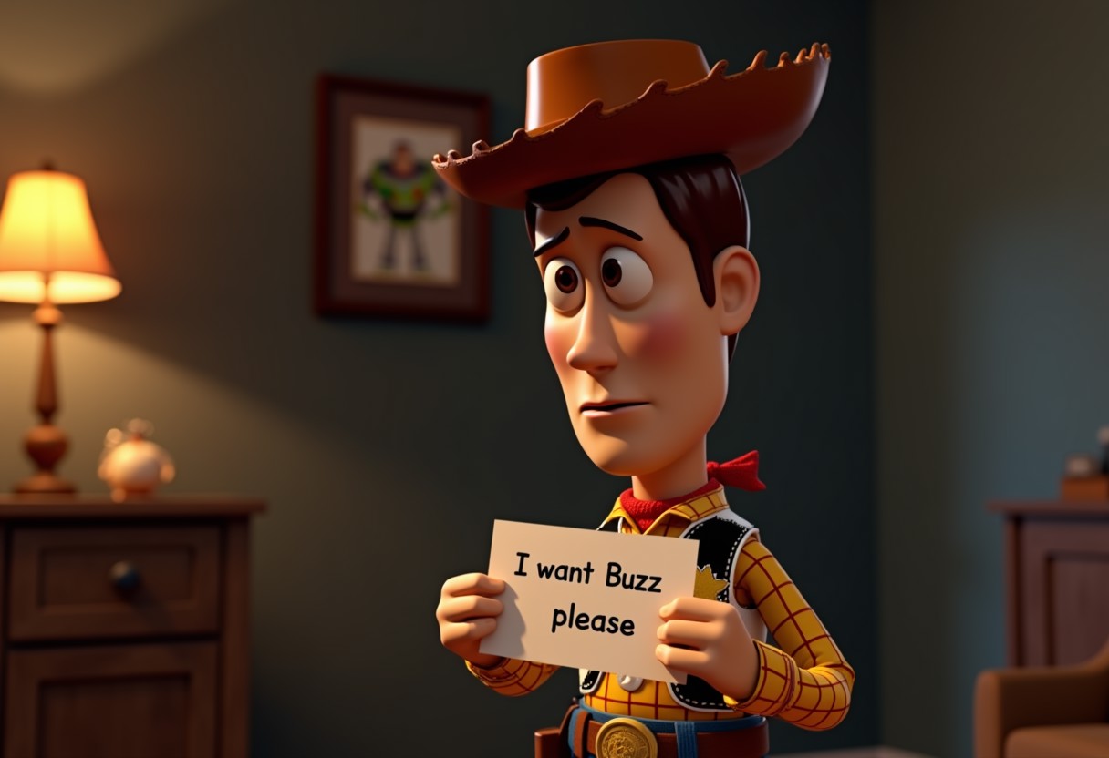 A 3d Render of Woody from Toy Story looking sad, standing, Holding a Paper that says “I want Buzz please”, picture of Buzz Lightyear hanging on the wall in the background, low light, Cinematic