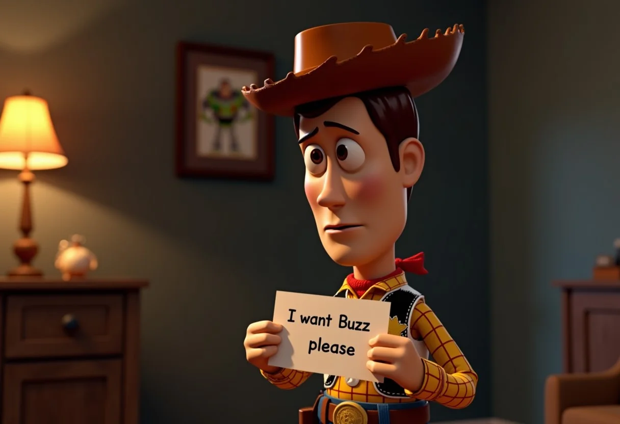 A 3d Render of Woody from Toy Story looking sad, standing, Holding a Paper that says “I want Buzz please”, picture of Buzz Lightyear hanging on the wall in the background, low light, Cinematic