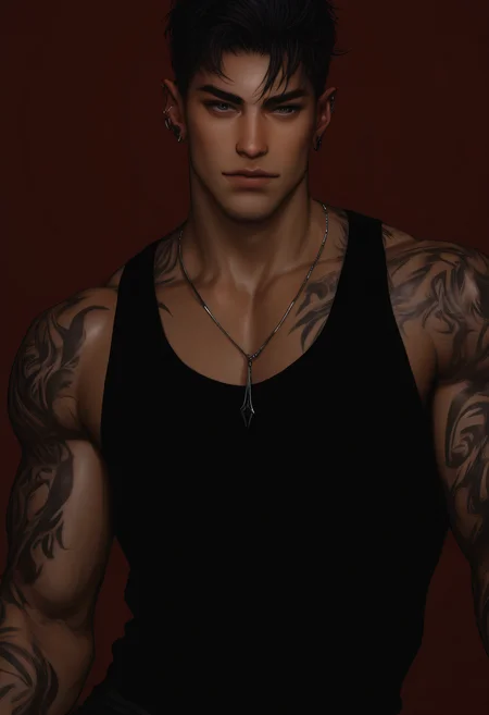 embedding:Illustrious\Positive\IllusP0s, embedding:Illustrious\Positive\IllustriousQual, muses_in_dark, 1boy, male focus, tattoo, jewelry, ring, tank top, pectorals, solo, arm tattoo, black tank top, necklace, piercing, muscular, muscular male, bara, black hair, dark theme, low light, inconsistent lighting, realistic, best quality, high resolution,