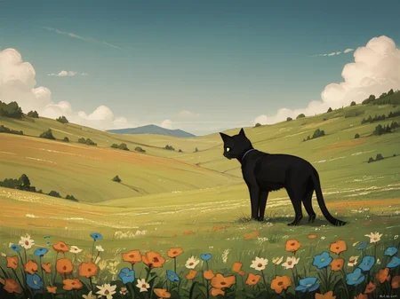 score_9, score_8_up, score_7_up, score_6_up, score_5_up, score_4_up, <lora:4l4r1k0XLP:0.6> 4l4r1k0, field, magical, flowers, glowing, cat