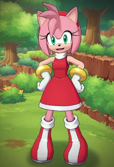 score_9, score_8_up, score_7_up, 1girl, solo, (3d:0.7) /Amy Rose (Sonic)/, green eyes, pink fur, pink hair, animal ears, animal nose, white gloves, gloves, gold bracelets, red dress, red white striped boots, sleeveless, red headband, pink tail, outside, hands on hips, excited,