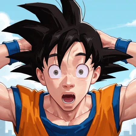 sh0cked, son goku, wide-eyed, arms behind head, hands on own head, open mouth, looking at viewer, upper body,
