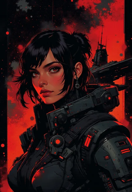 In the style of ff-td, nistyle, Silhouette Art, magnificent, inksplash, double exposure, crisp lines, Capital spaceship cruiser (crimson and black), below closeup portrait of stunning sci-fi space pirate, dark loose hair, power armour, directional lighting, dark background,