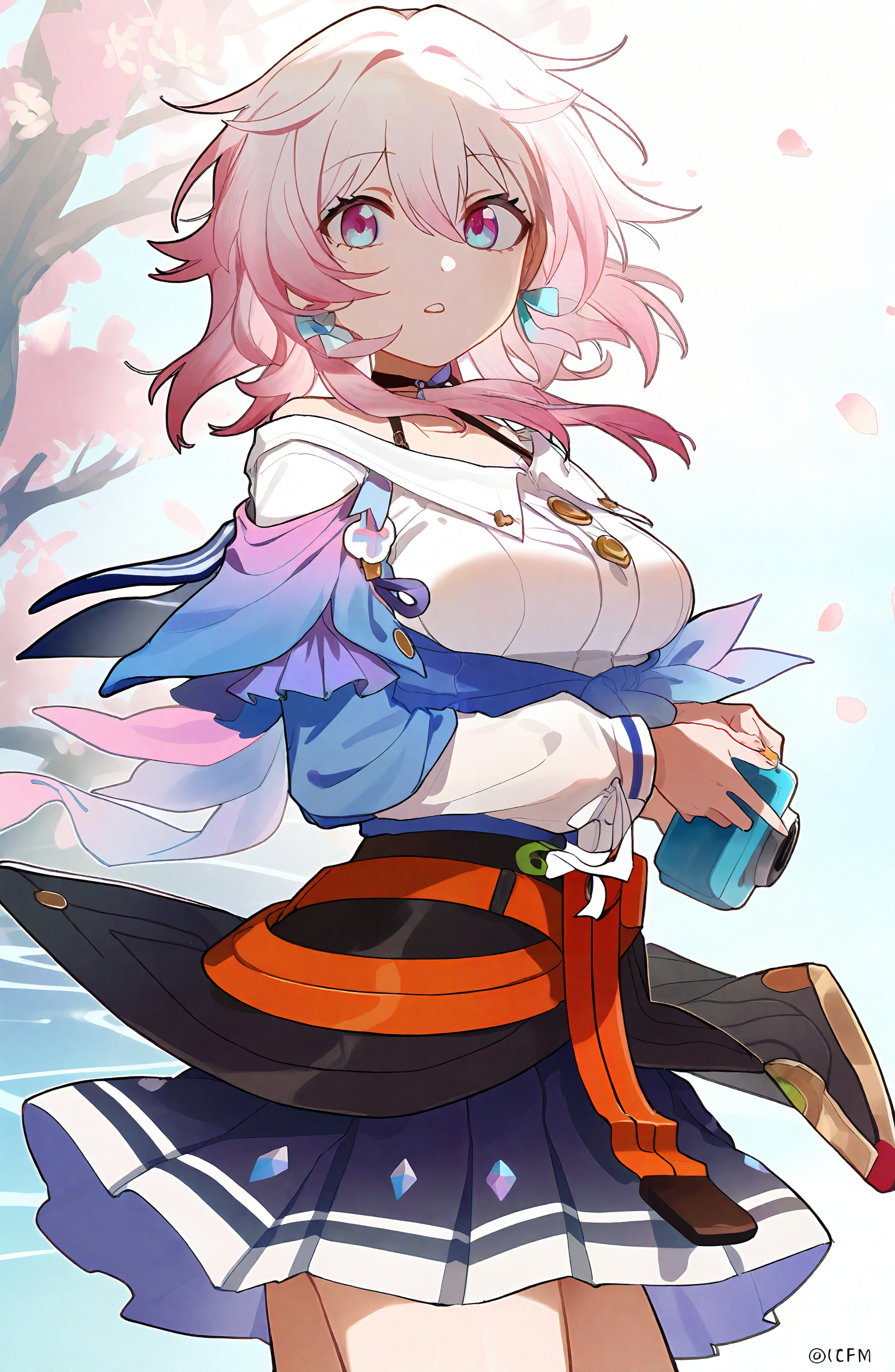 march_7th_\(honkai:_star_rail\), 1girl, solo, breasts, looking_at_viewer, blue_eyes, shirt, skirt, long_sleeves, holding, hair_between_eyes, jewelry, medium_breasts, jacket, white_shirt, pink_hair, cowboy_shot, earrings, pleated_skirt, parted_lips, choker, medium_hair, pink_eyes, miniskirt, blue_skirt, black_choker, blue_jacket, single_earring, multicolored_eyes, camera, two-tone_eyes, tied_jacket
