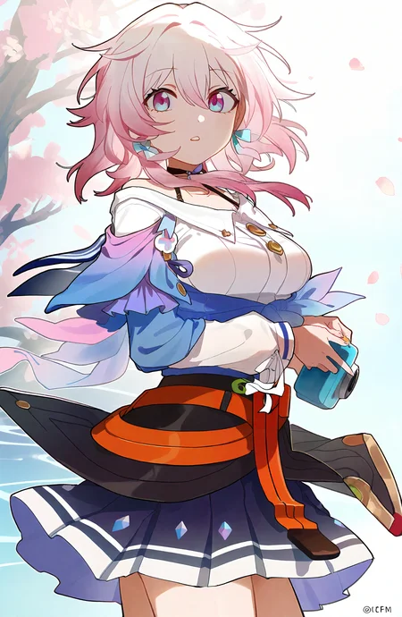 march_7th_\(honkai:_star_rail\), 1girl, solo, breasts, looking_at_viewer, blue_eyes, shirt, skirt, long_sleeves, holding, hair_between_eyes, jewelry, medium_breasts, jacket, white_shirt, pink_hair, cowboy_shot, earrings, pleated_skirt, parted_lips, choker, medium_hair, pink_eyes, miniskirt, blue_skirt, black_choker, blue_jacket, single_earring, multicolored_eyes, camera, two-tone_eyes, tied_jacket