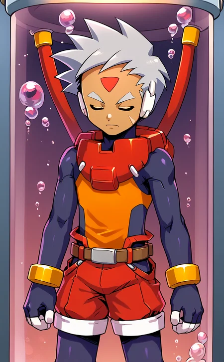 score_9,score_8_up,. score_7_up,score_6_up,score_5_up,score_4_up,source_anime BREAK <lora:vent_Grey:1>,2boys,grey \(mega man\),solo,closed eyes,1boy,male focus,gloves,shorts,cowboy shot,red shorts,grey hair,bodysuit,dark skin,forehead jewel,belt,(cable:0.8),robot ears,facial mark,fingerless gloves,bracelet,pantyhose under shorts,(pantyhose:0.6),dark-skinned male,shirt,orange shirt,<lora:Stasis Tank v6:1> BREAK stasis tank,floating,air bubble,in container,hanging,