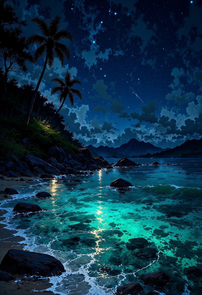 Tahiti Midnight Breeze – Dark Ocean & Glowing Reef
"A tranquil tropical night on a remote Tahitian beach, where the vast ocean stretches endlessly under the starry sky. The reef below the surface glows with bioluminescent coral, creating an otherworldly neon effect beneath the dark water. A warm breeze rustles through the palm trees, carrying the scent of frangipani flowers and salt."
