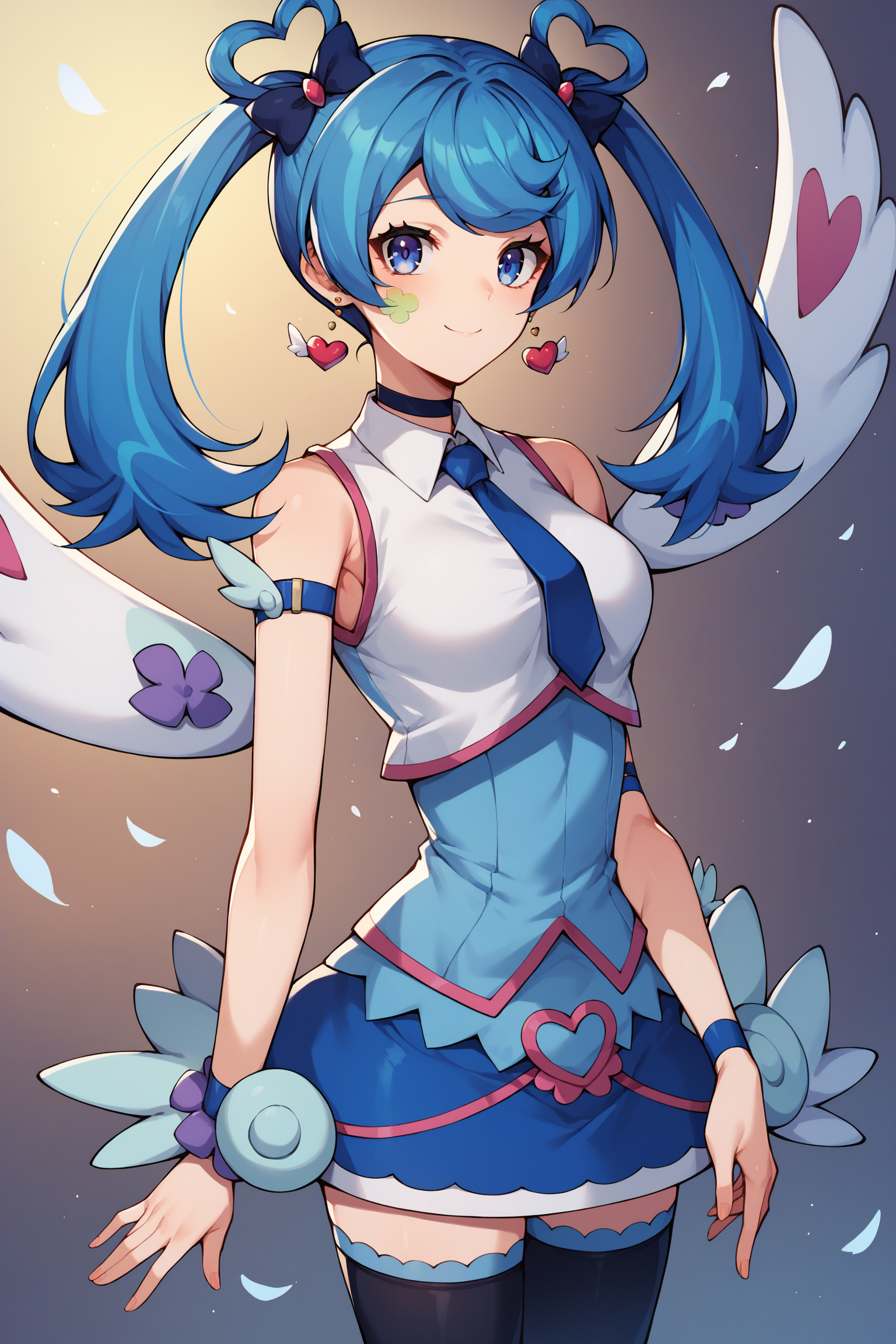 score_9,score_8_up,score_7_up,score_6_up,score_5_up,score_4_up, source_anime, aaangel, twintails, blue hair, hair bow, blue bow, blue eyes, facial mark, heart earrings, wings, heart, choker, blue necktie, sleeveless shirt, white shirt, arm strap, blue skirt, black thighhighs, <lora:blue_angel_XL_v1:0.8>, standing, cowboy shot, smile,